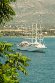 A large white cruise ship with several masts is sailing on a calm blue sea, partially framed by green foliage. In the background, a rocky landscape and a shoreline with scattered houses are visible, under a partially cloudy sky.
