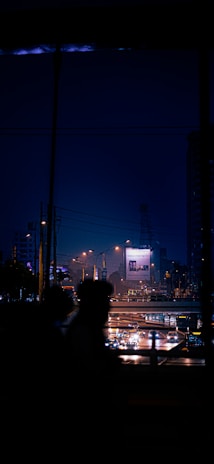 A nighttime cityscape with neon signs and a silhouette of a person reading under a streetlamp.