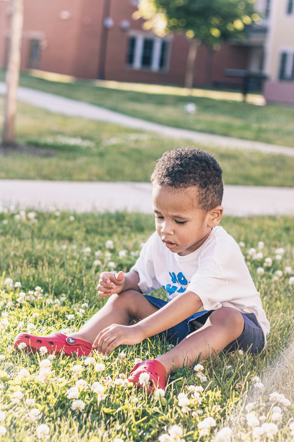 a baby playing in the grass