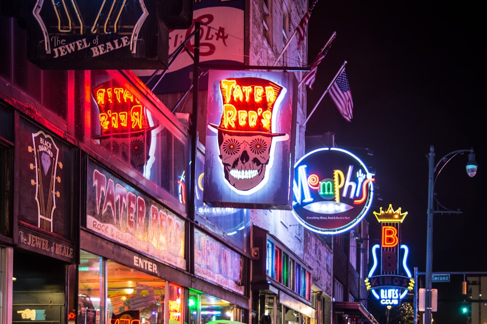 a building with many signs and lights