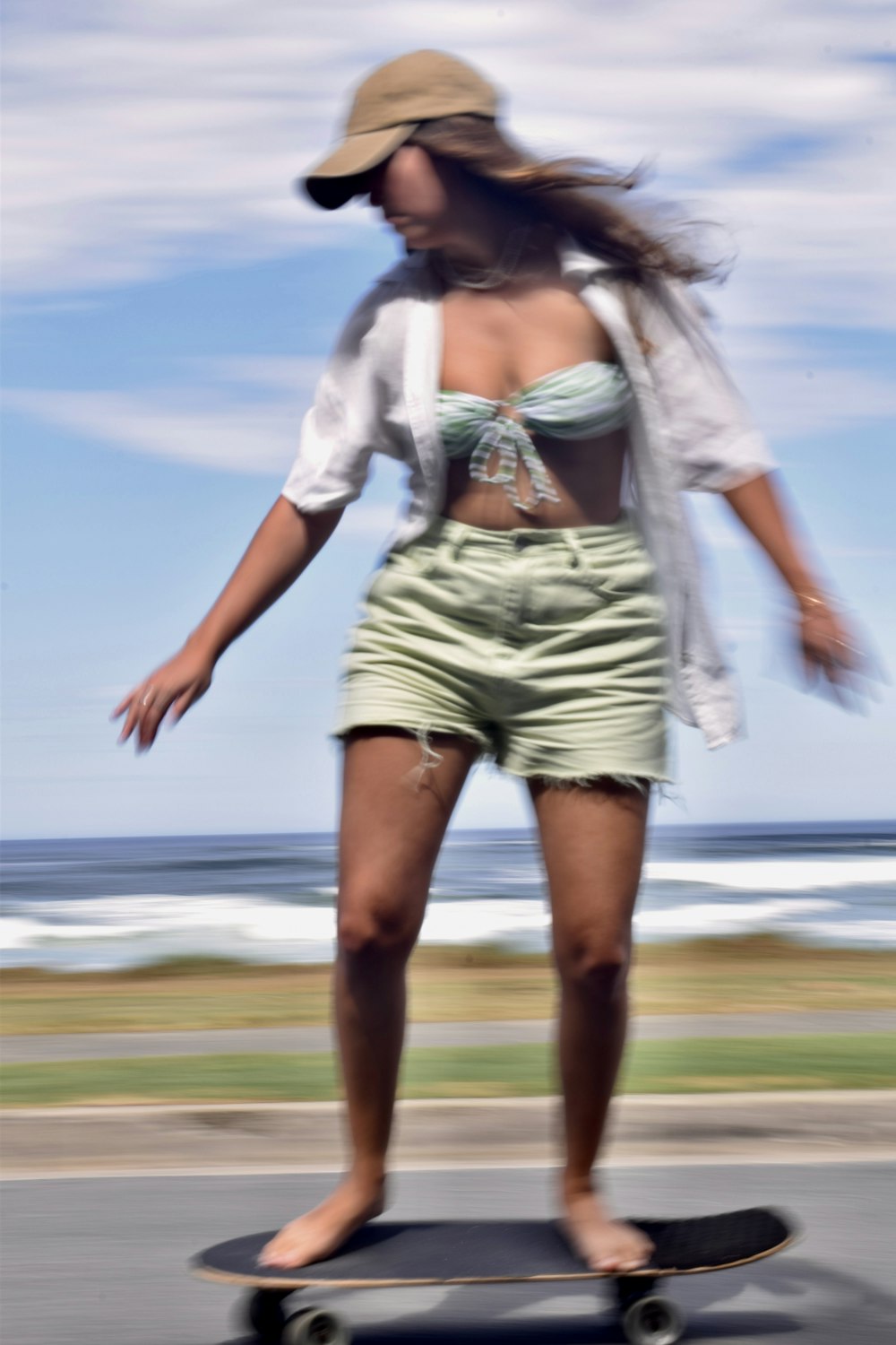 a woman riding a skateboard