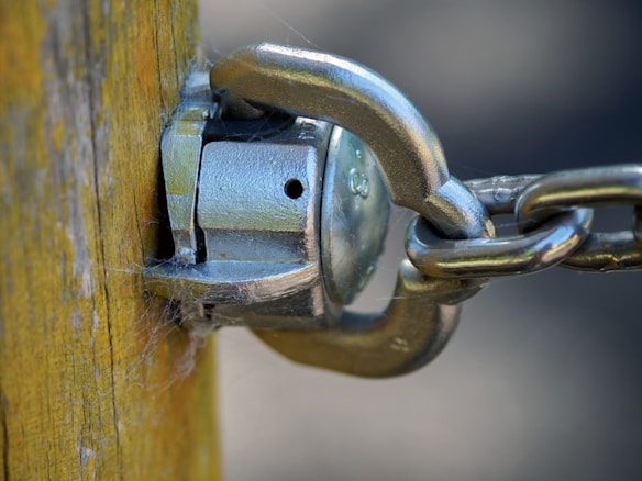 A close-up view of a metallic chain attached to a padlock, which is fastened to a wooden surface. The chain and padlock have a shiny, reflective surface, exhibiting intricate details in the design. There's a cobweb on the wooden part, suggesting age or abandonment.