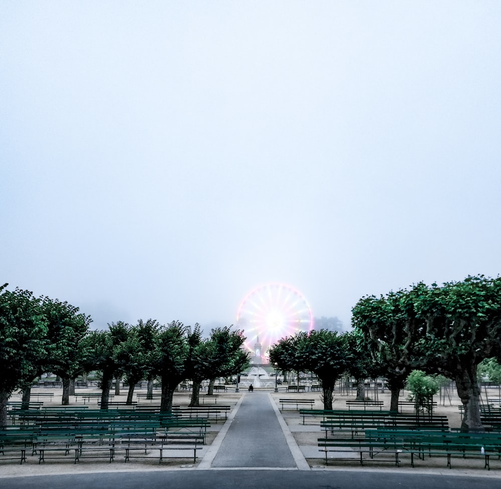 a park with benches and a fountain