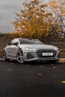 a silver sports car parked on a street with trees in the background