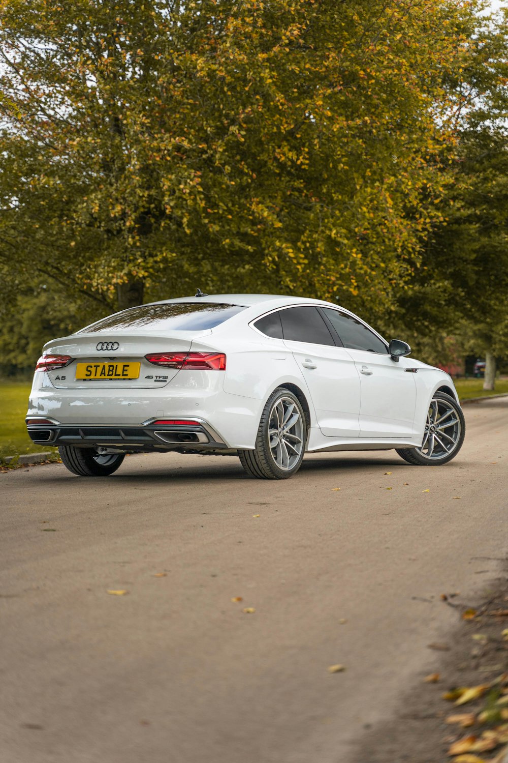 a white car parked on a road