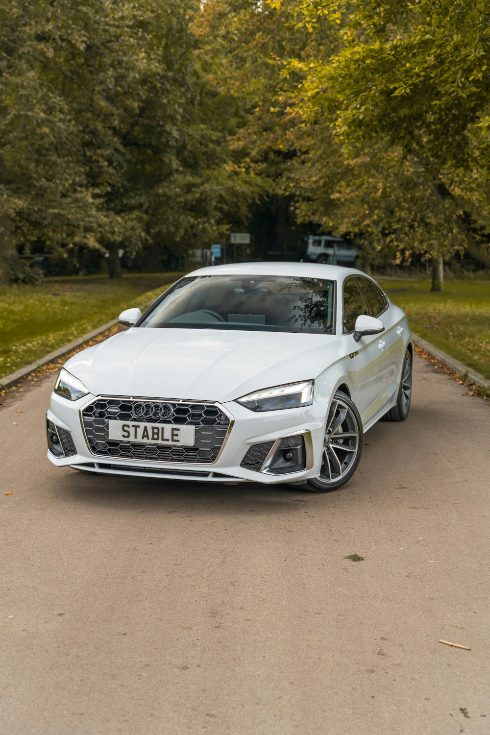 a white car parked on a road