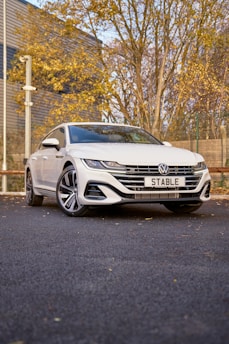 A sleek VW car parked on a scenic Dutch street, showcasing quality tires.