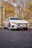 A sleek, white Volkswagen car with an elegant design is parked on a smooth asphalt surface. The vehicle has modern alloy wheels and a custom license plate reading 'STABLE'. Surrounding the car are autumn trees with yellow and brown leaves, and a large building backdrop.