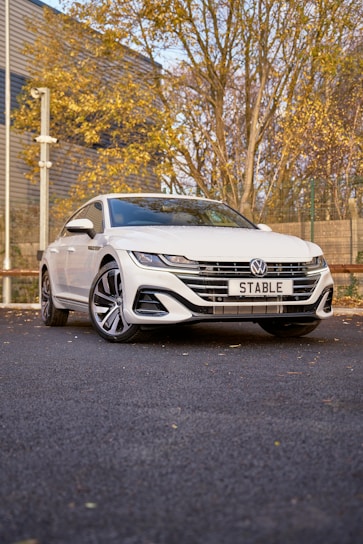 A sleek VW car parked on a scenic Dutch street, showcasing quality tires.