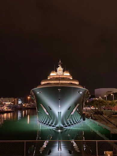 a large building with a dome on top surrounded by water at night