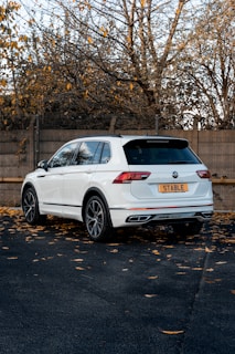 a white car parked on a street