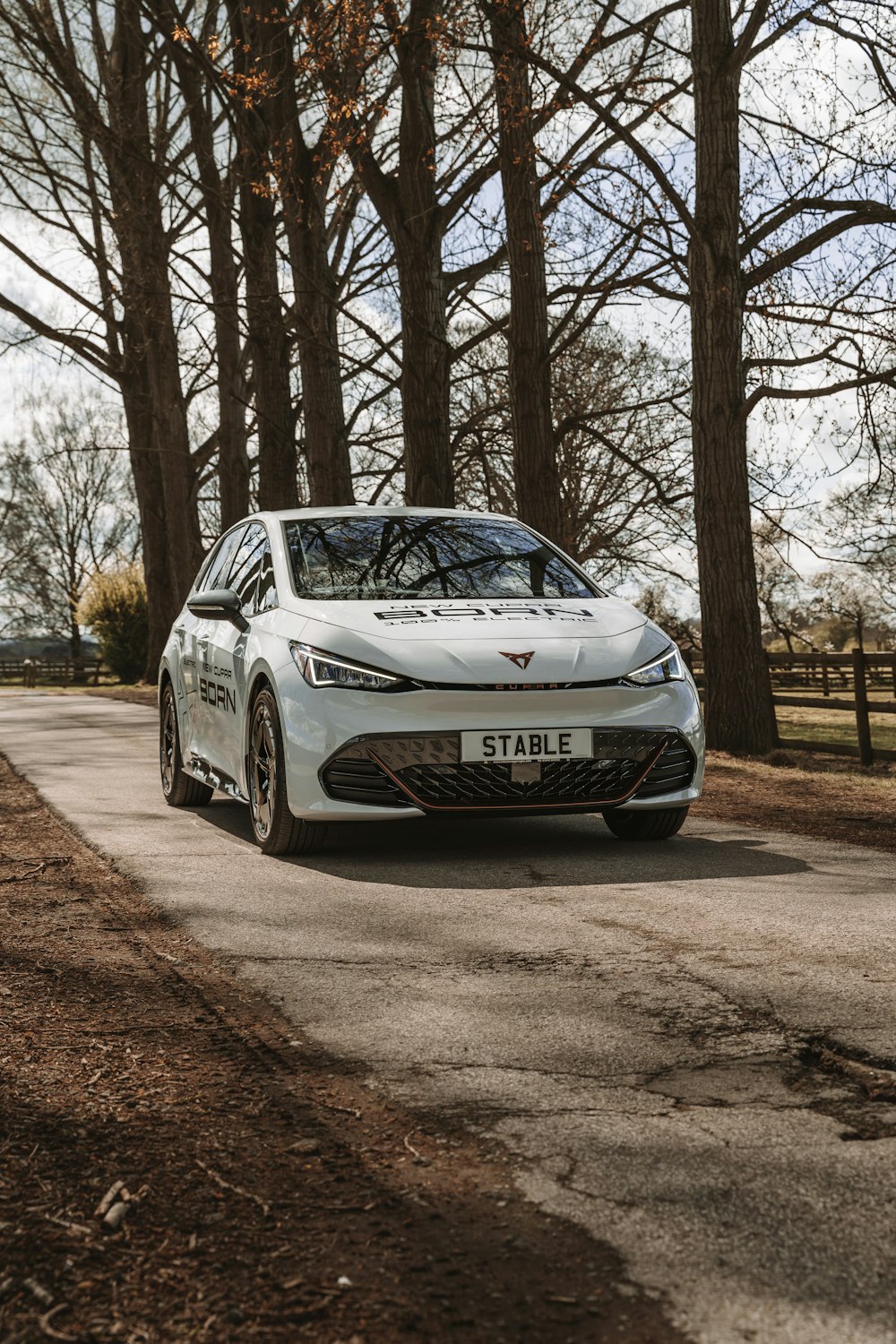 a white car parked on a road