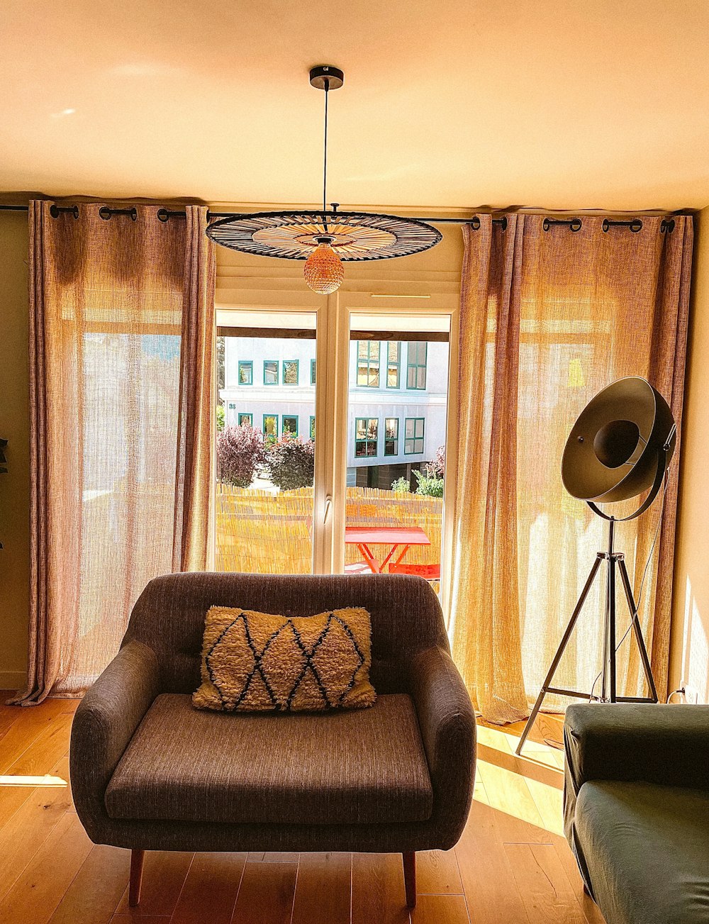 a living room with a large window