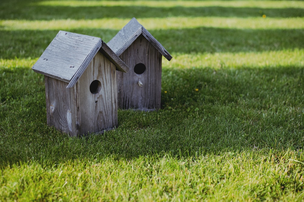 Una casa de pájaros de madera en un campo cubierto de hierba