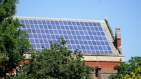 A rooftop is covered with an array of blue solar panels, surrounded by lush green trees. The building is constructed with red bricks and has a classic architectural style. The sky is clear, enhancing the overall brightness.