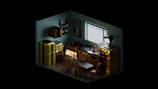 A small, stylish kitchen with a retro vibe, featuring a yellow refrigerator, a kitchen table with chairs, a countertop with various kitchen items, and wall decorations. The room is illuminated by a window with blinds and showcases a digital arcade game machine.