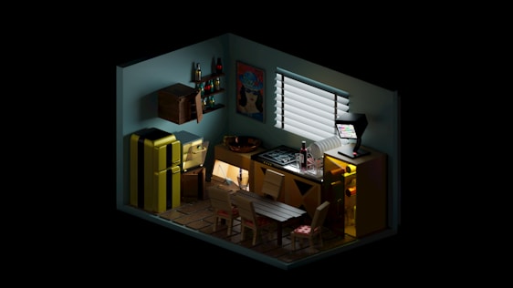 A small, stylish kitchen with a retro vibe, featuring a yellow refrigerator, a kitchen table with chairs, a countertop with various kitchen items, and wall decorations. The room is illuminated by a window with blinds and showcases a digital arcade game machine.