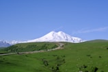 a snowy mountain in the distance
