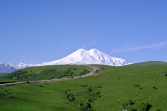 a snowy mountain in the distance
