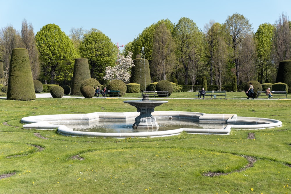 a large garden with a fountain