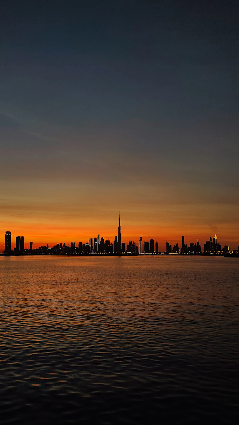Dubai's skyline including Burj Khalifa at sunset