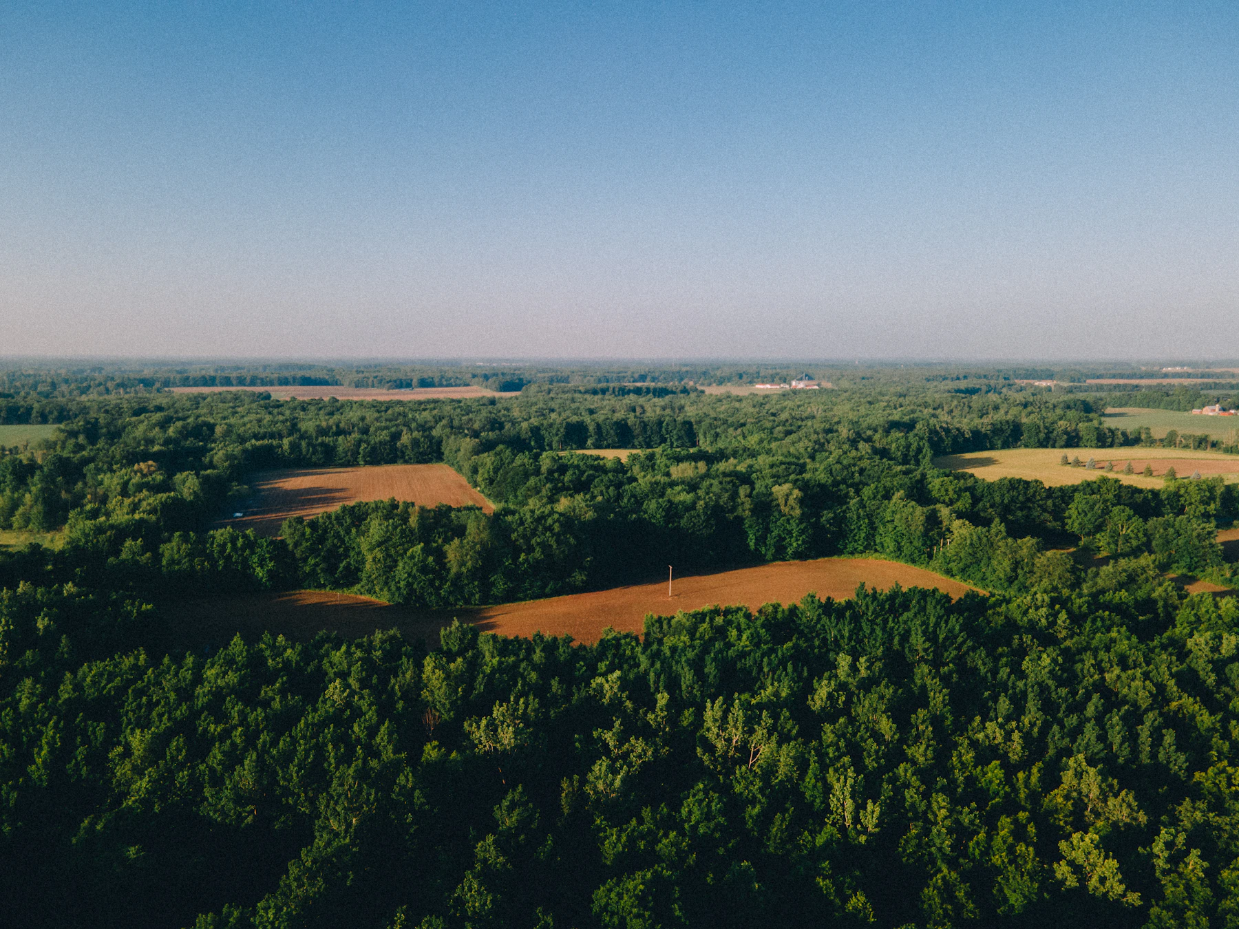 Aerial view of patchwork farmland and forest