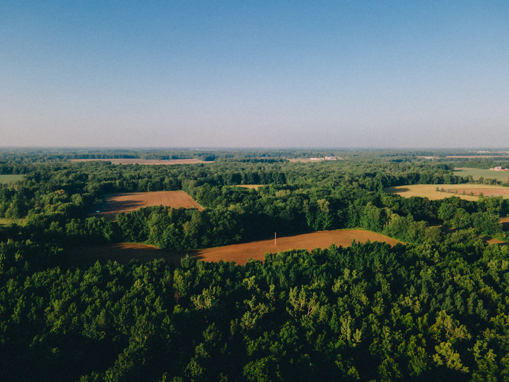 Aerial view of patchwork farmland and forest, representing tracts of investable land