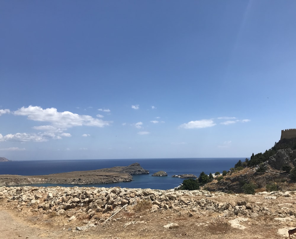 a rocky beach with a body of water in the background