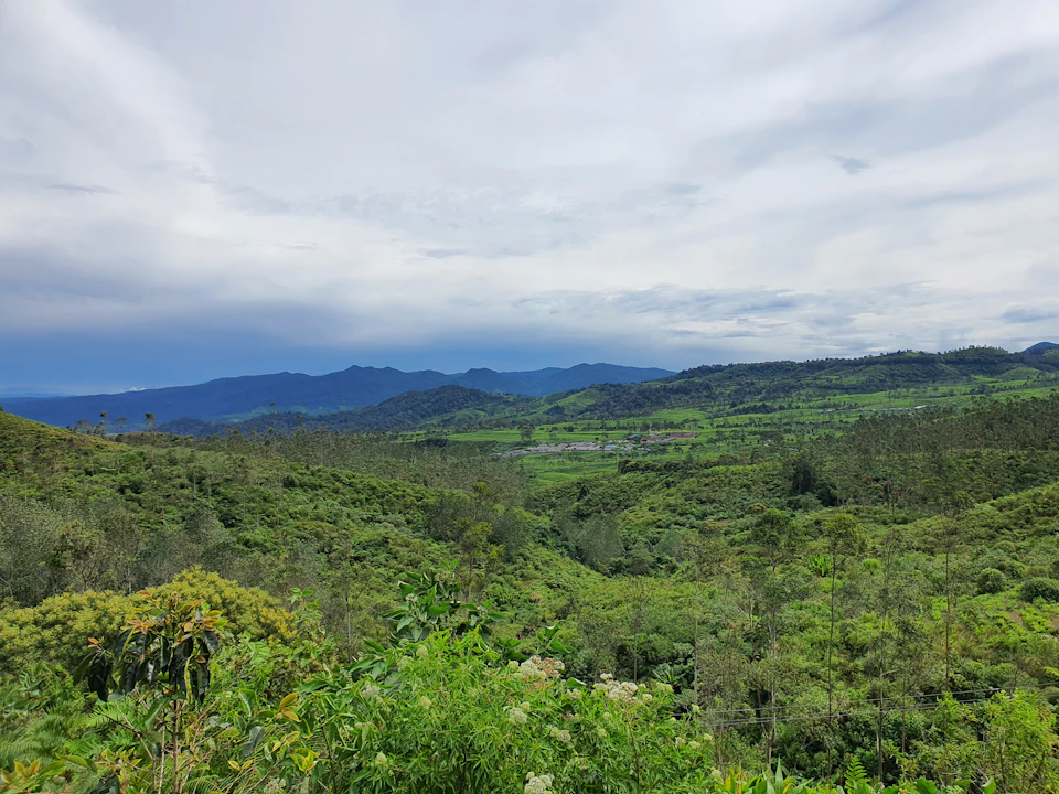 The image depicts a lush, green landscape with rolling hills and mountains in the distance. The sky above is filled with clouds, casting a soft light over the scene. In the foreground, there are trees and bushes that add depth to the image. The perspective of the photo suggests it was taken from a higher vantage point, possibly on top of one of the hills or at the foot of the mountains.