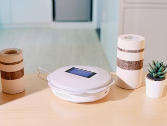 A clean and modern tabletop setting featuring a white circular electronic device with a digital display, a small potted succulent plant next to it, and two cylindrical objects with alternating beige and brown stripes. The setting is illuminated by soft natural light, creating a serene ambiance.