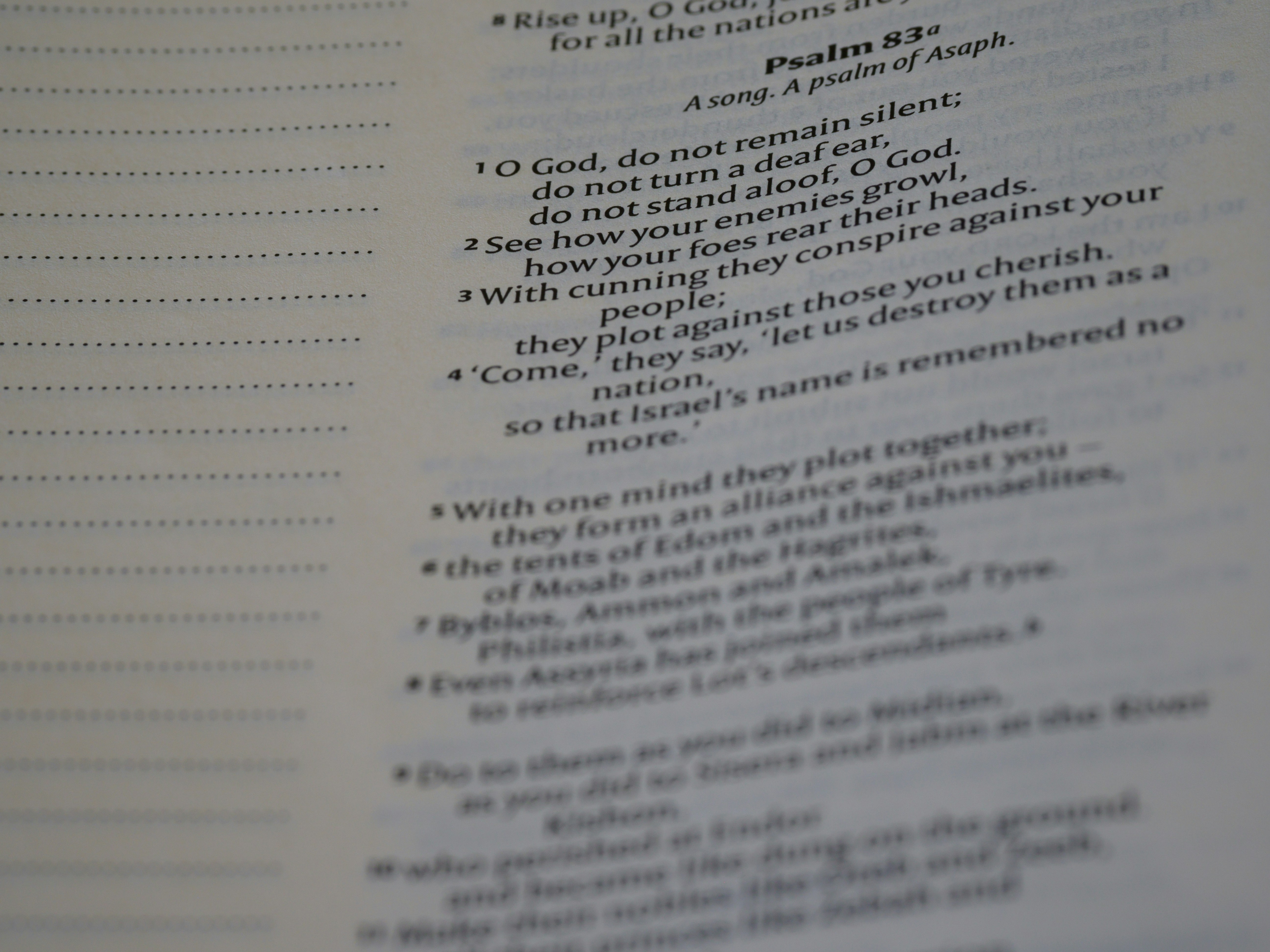 close up, bokeh, macro, blur, blurred background, close focus, bible, old testament, hebrew bible, christian, judaism, history, text, reading, bible study, devotions, text, NIV, New International Version, type, typography, canon, christianity, holy scripture, holy bible, scripture, old testament, hebrew bible, תְּהִלִּים, psalms, psalter, ketuvim, writings, tanakh, king david, 
