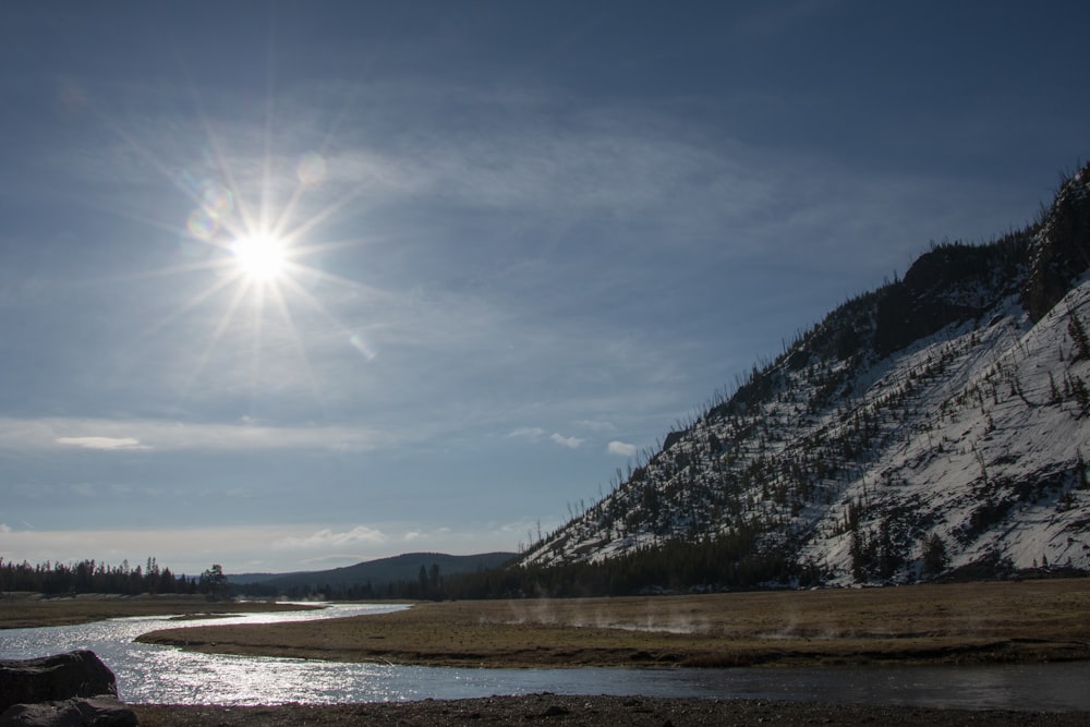 a snowy mountain with a river running through it