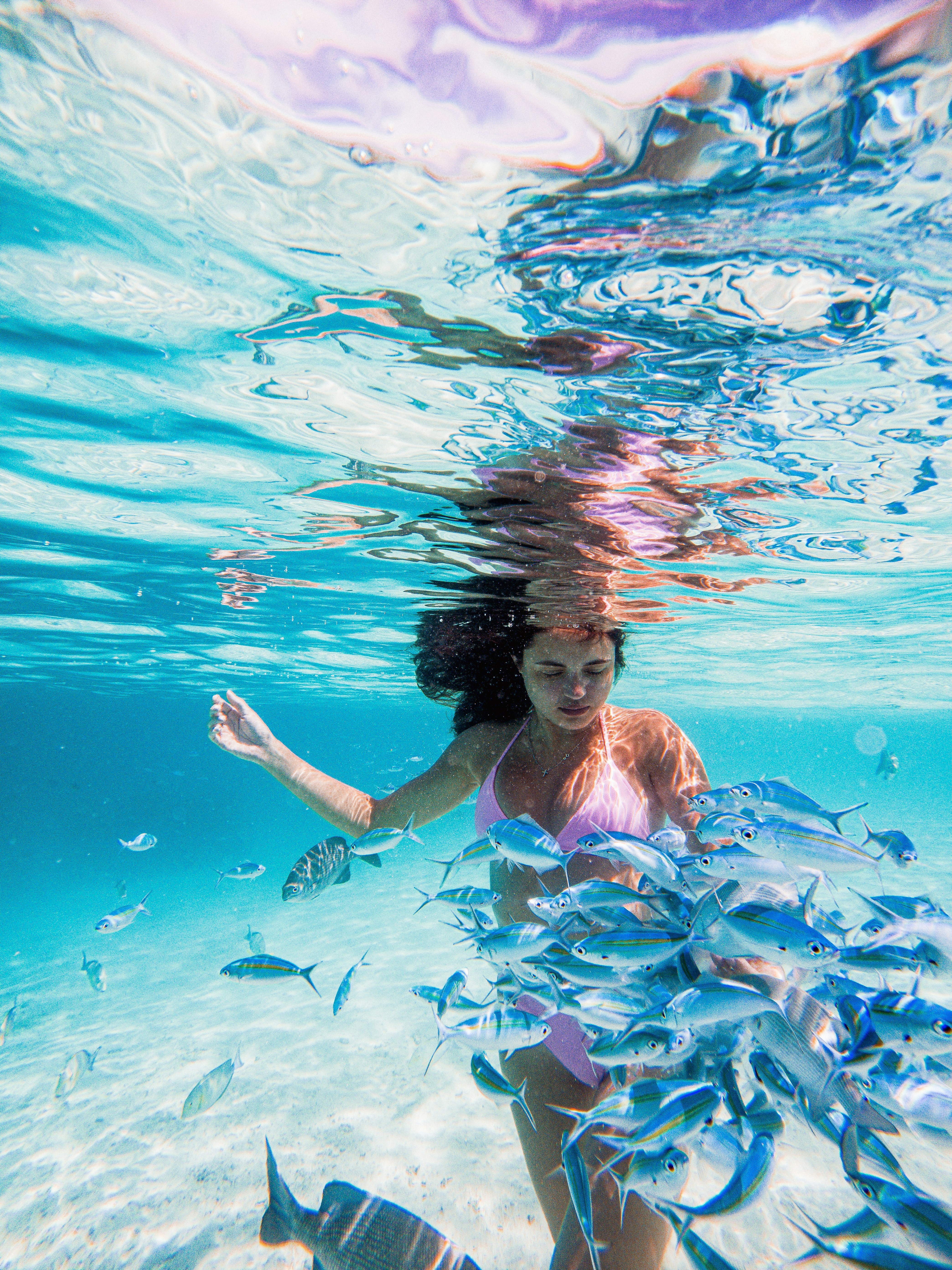 a man in a pool with fish