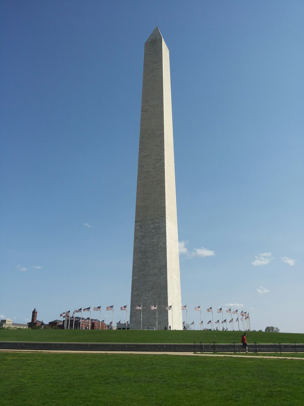 a tall monument with flags in the front with Washington Monument in the background
