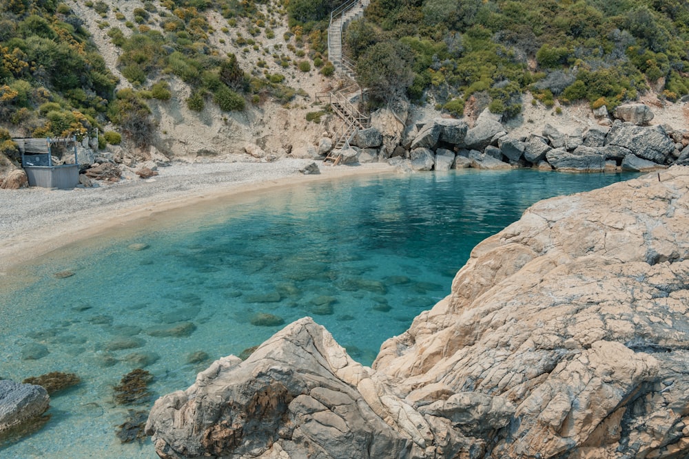 una spiaggia con rocce e alberi