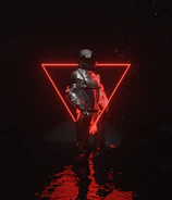 Dynamic avatar wearing exclusive custom outfit with neon accents in a futuristic setting.