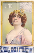 A vintage poster features a woman with curly hair wearing an elaborate headdress adorned with feathers and jewels. She is dressed in an ornate gown with beads and patterns, exuding a sense of glamour and sophistication. The background is a gradient of green, framed with ornate golden borders, and text reading 'LIND' and 'SPECIAL ADDED ATTRACTION' is prominently displayed.