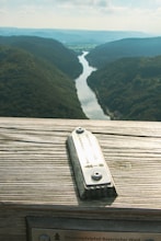 a wooden deck overlooking a river