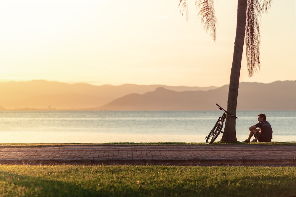 a man sitting on a bench next to a tree and a body of water