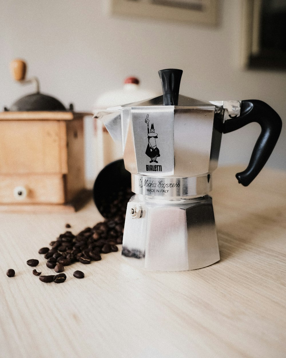 a coffee maker with coffee beans