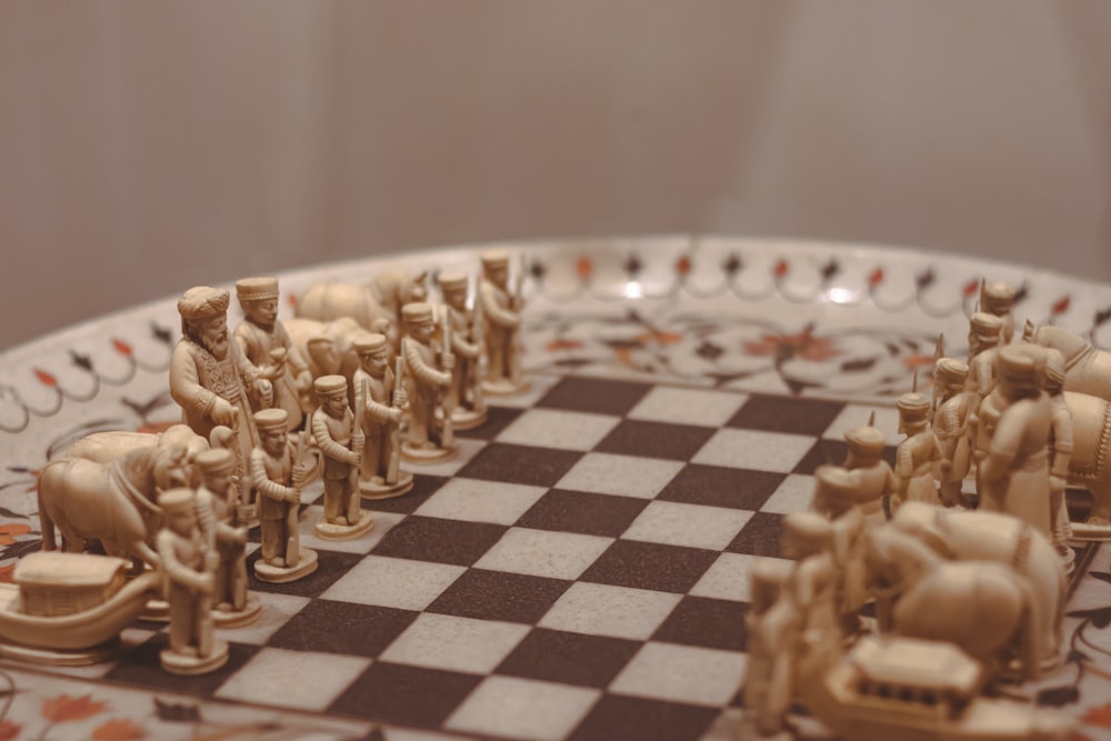 a chess board with gold pieces