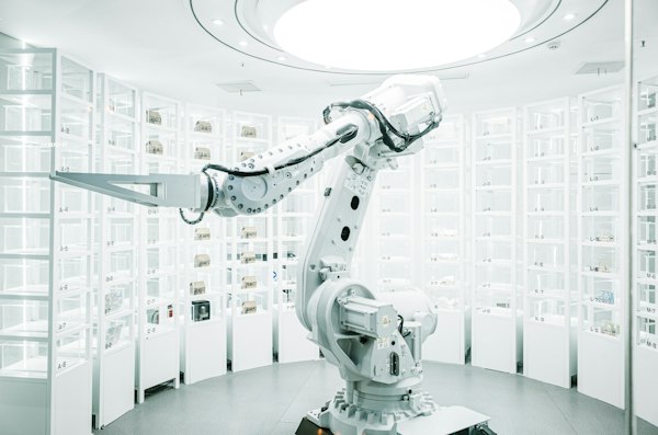 Robot industrial en exhibición, contexto del posicionamiento web para proveedores de robótica industrial