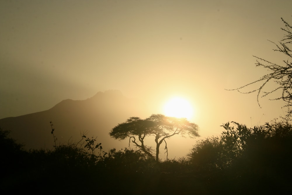 a sunset over a mountain