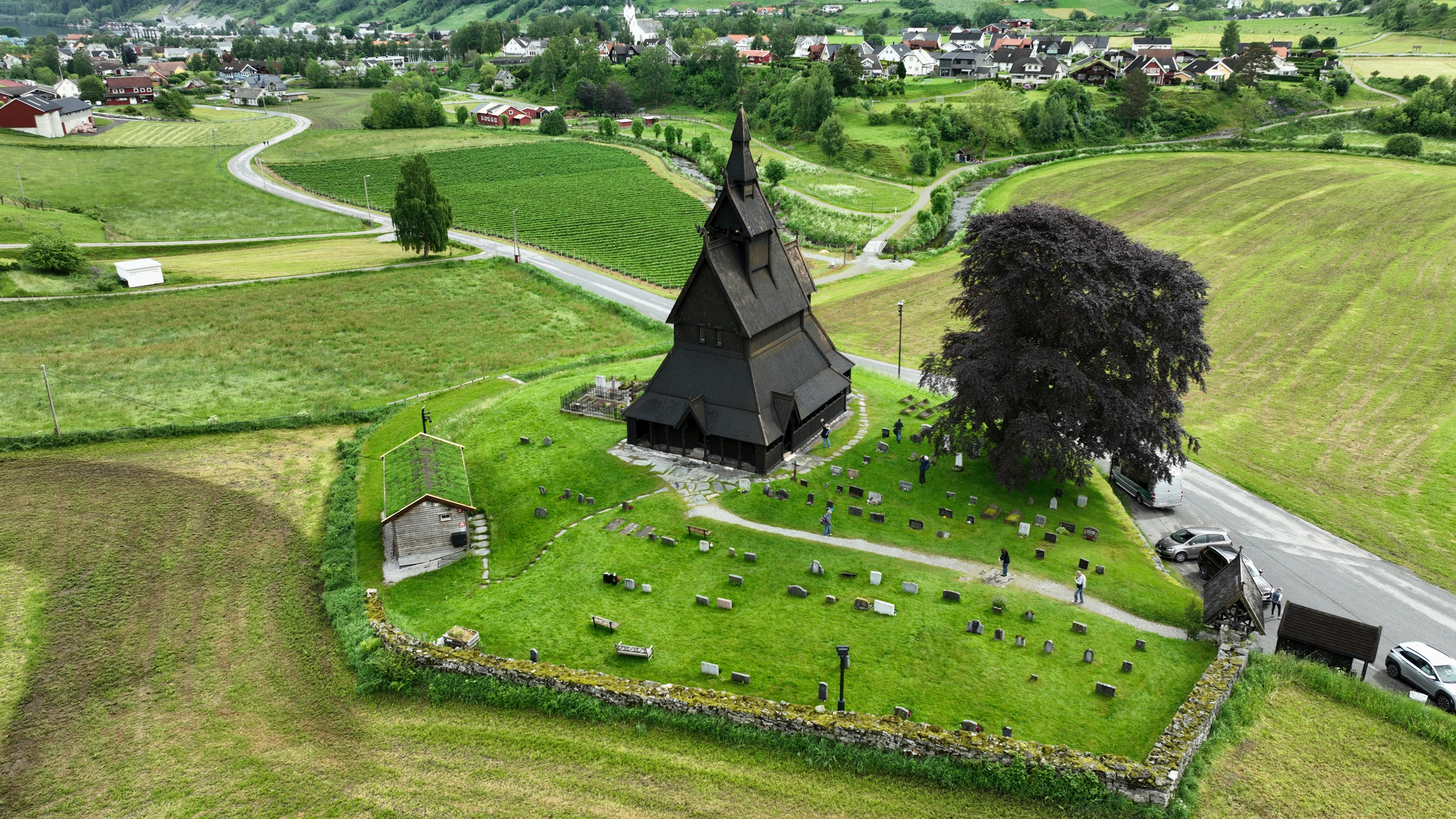 a large green landscape with a building and a tree, 
