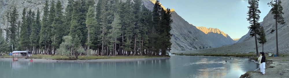 a person standing next to a lake with trees and mountains in the background