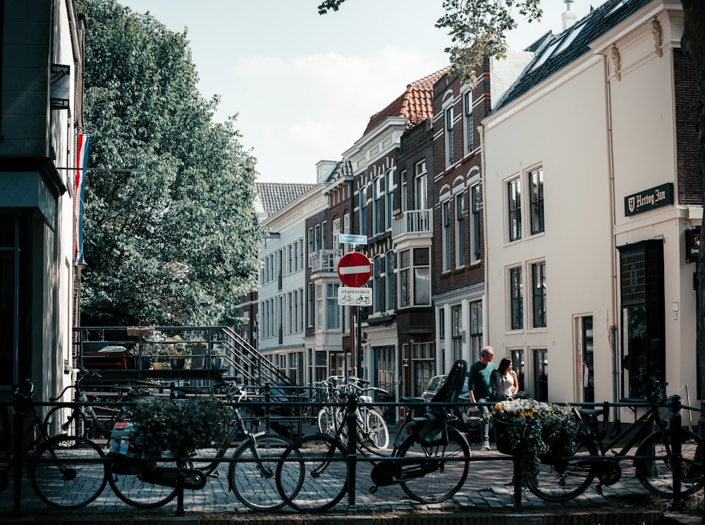 a bicycle parked on the side of a building