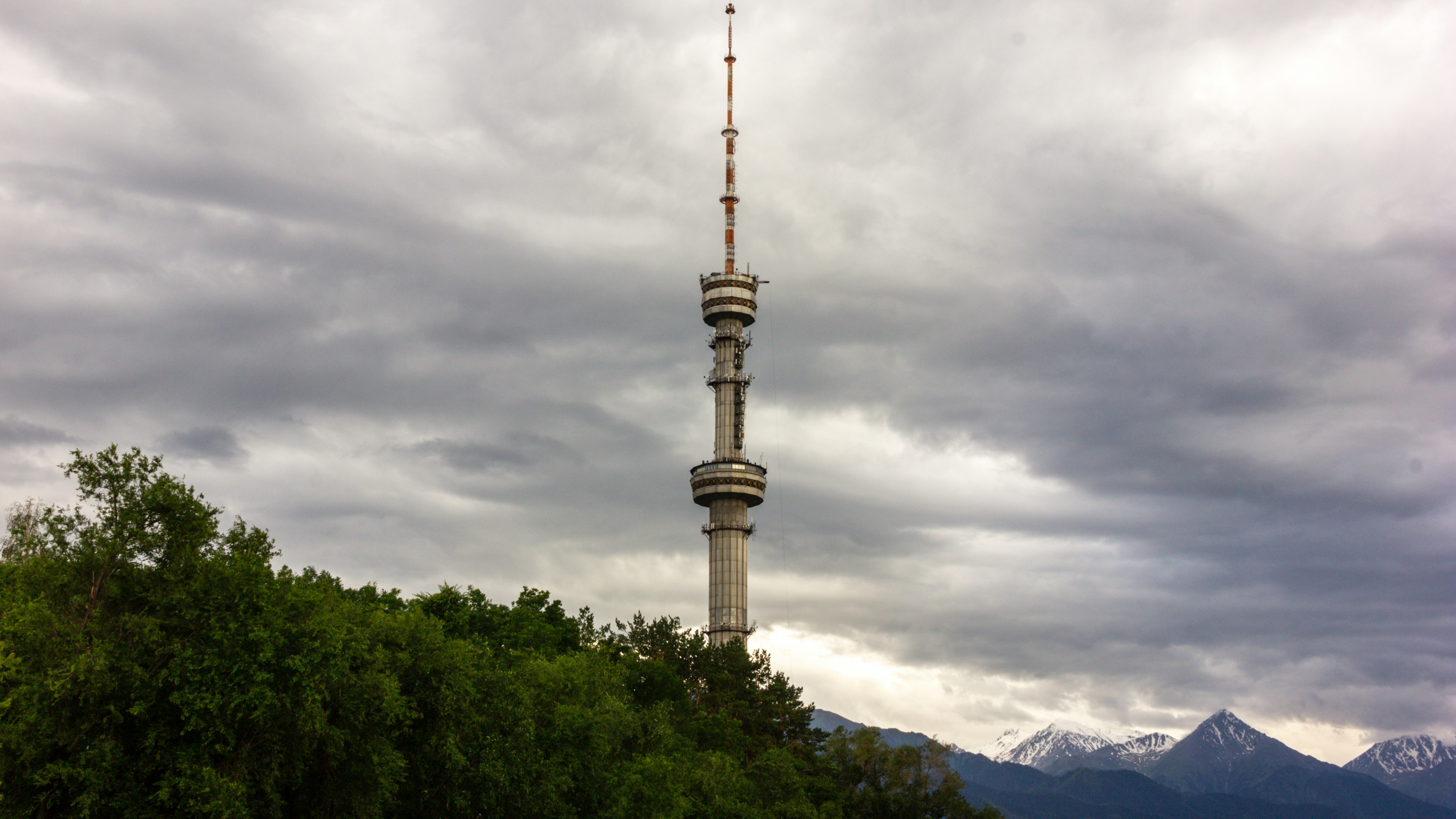 ein hoher Turm mit Bäumen im Vordergrund