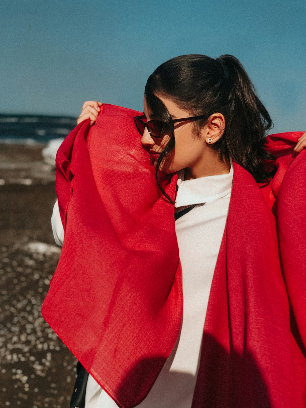 a person wearing a red coat