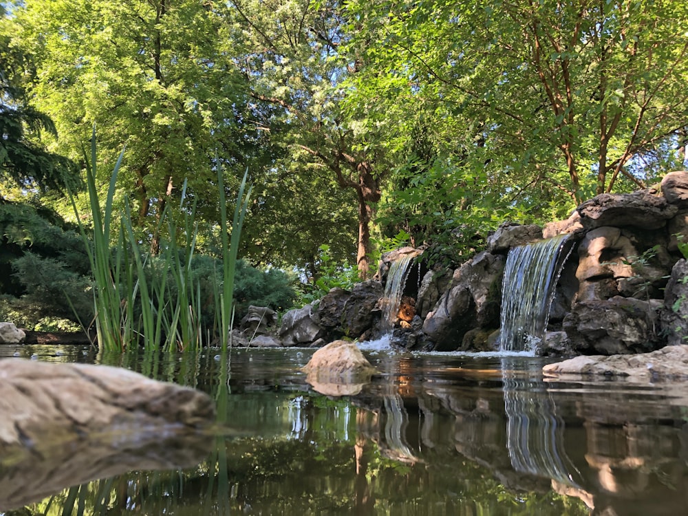 a waterfall over a pond