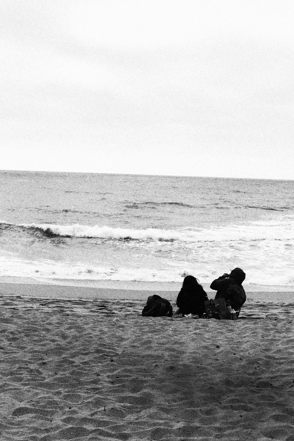 Eine Gruppe von Menschen sitzt am Strand und schaut auf den Ozean